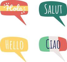 palabras de saludo en diferentes idiomas conjunto de burbujas de voz de vector de color semiplano