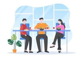 People Eating, Talking, Drinking and Working at Tables on Cafe or Restaurant in Flat Cartoon Illustration vector