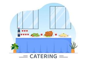 servicio de catering con manos de personas y una mesa para reuniones corporativas, bodas de banquetes o fiestas en café o restaurante en ilustración de caricaturas planas vector
