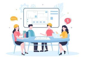 Architect or Engineer Cartoon Illustration using a Multipurpose Board Table to Sketch Building Constructions and Project Miniatures Concept vector
