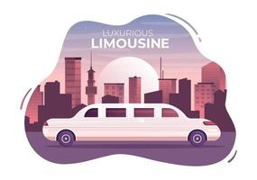 coche limusina con vista urbana de la ciudad y concepto de metrópolis de lujo en ilustración de caricatura plana vector