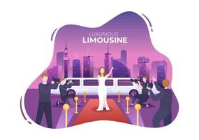 VIP Limousine Car of Red Carpet for Celebrity Superstar Walk with Night City Landscape View in Flat Cartoon Illustration vector