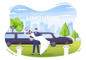 limusina en la ceremonia de la boda con imágenes de automóviles, hombres y mujeres con vestidos de casados en una ilustración plana de dibujos animados vector