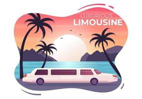 coche de limusina con vistas al atardecer o al amanecer en la playa en una ilustración plana de dibujos animados
