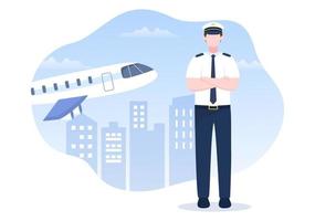 ilustración vectorial de dibujos animados piloto con diseño de fondo de avión, azafata, ciudad o aeropuerto
