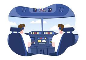 cabina de avión con piloto sentado frente al salpicadero para conducir el avión dentro en la ilustración de vectores de dibujos animados