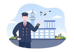 Pilot Cartoon Vector Illustration with Airplane, Air Hostess, City or Airport Background Design