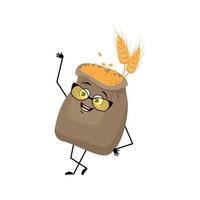 Cute sack of wheat and ear character with glasses and happy emotion, face, smile eyes, arms and legs. Cereal crop with funny facial expression and pose. Vector flat illustration