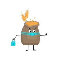 Cute sack of wheat and ear character with face in medical mask and keep distance, hands with shopping bag and stop gesture. Cereal crop with care facial expression and pose. Vector flat illustration