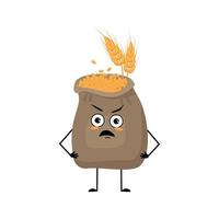 Cute sack of wheat and ear character with angry emotions, grumpy face, furious eyes, arms and legs. Cereal crop with irritated facial expression and pose. Vector flat illustration