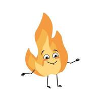 Cute flame character with happy emotions, joyful face, smile eyes, arms and legs. Fire man with funny expression, hot orange person. Vector flat illustration