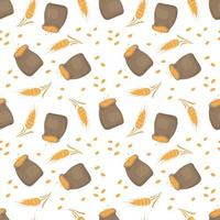 Seamless pattern with golden ear of wheat and sack on white background. Print grains for making flour and cereals, baking bread and other food products. Vector flat illustration