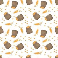 Seamless pattern with golden ear of wheat and sack on white background. Print grains for making flour and cereals, baking bread and other food products. Vector flat illustration