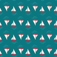 Summer nautical pattern with ships and waves  on  blue background. Cute print with marine objects. Design for wrapping paper, stationery and textiles. Vector flat illustration