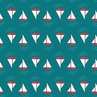 Summer nautical pattern with ships and waves  on  blue background. Cute print with marine objects. Design for wrapping paper, stationery and textiles. Vector flat illustration