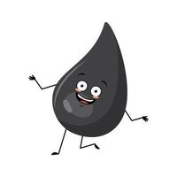 Cute fuel or gasoline drop character with crazy happy emotions, joyful face, smile eyes, dancing arms and legs. Fluid man with funny expression, black oil man. Vector flat illustration