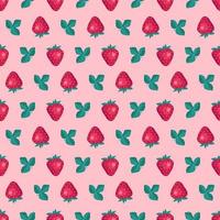 Seamless background with red strawberries and leaves on pink background. Cute summer or spring print. Festive decoration for textiles, wrapping paper and design. Vector flat illustration