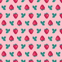 Seamless background with red strawberries and leaves on pink background. Cute summer or spring print. Festive decoration for textiles, wrapping paper and design. Vector flat illustration