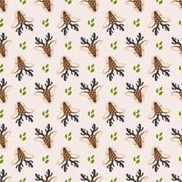 Seamless pattern with cute deer and leaves in childish style with smile muzzle, horns and eyes on background. Print of funny wild animal with happy face. Vector flat illustration for holidays