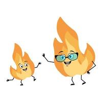 Cute flame character with glasses and grandson dancing character happy emotion, face, smile eyes, arms and legs. Fire man with funny expression, hot orange person. Vector flat illustration