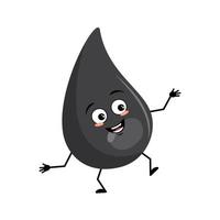 Cute fuel or gasoline drop character with happy emotions, joyful face, smile eyes, arms and legs. Fluid man with funny expression, black oil man. Vector flat illustration