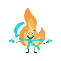 Cute flame character in Santa hat with happy emotion, joyful face, smile eyes, arms and legs. Fire man with funny expression, hot orange person. Vector flat illustration