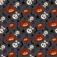 Cute dark seamless pattern with pumpkins, cobwebs and spiders. Halloween party decoration. Vegetable print with a smirk. Festive background for paper, textile, holiday and design. Vector illustration.
