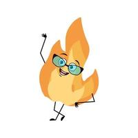 Cute flame character with glasses and happy emotion, face, smile eyes, arms and legs. Fire man with funny expression, hot orange person. Vector flat illustration