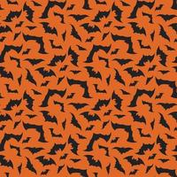 Bright pattern with black bats on an orange background. Halloween festive autumn decoration. October holiday print for paper printing, textile and design. Vector flat illustration