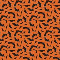 Bright pattern with black bats on an orange background. Halloween festive autumn decoration. October holiday print for paper printing, textile and design. Vector flat illustration