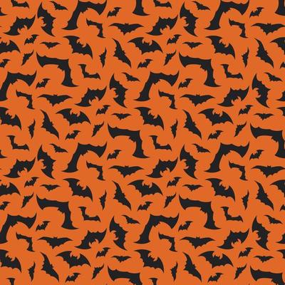 Bright pattern with black bats on an orange background. Halloween festive autumn decoration. October holiday print for paper printing, textile and design. Vector flat illustration