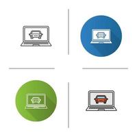 Laptop with car icon. Flat design, linear and color styles. Taxi website. Isolated vector illustrations