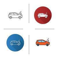 Broken car icon. Flat design, linear and color styles. Automobile with open hood and smoke. Isolated vector illustrations