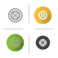 Car rim and tire icon. Flat design, linear and color styles. Automobile wheel. Isolated vector illustrations