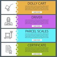 Cargo shipping web banner templates set. Delivery service. Dolly cart, driver, parcel scales, certificate. Website color menu items with linear icons. Vector headers design concepts