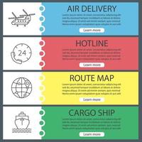 Cargo shipping web banner templates set. Delivery service. Military helicopter, hotline, route map, cargo ship. Website color menu items with linear icons. Vector headers design concepts