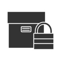 Secure delivery glyph icon. Cardboard box with padlock. Silhouette symbol. Negative space. Vector isolated illustration