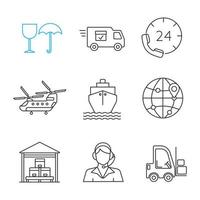 Cargo shipping linear icons set. Fragile, delivery van, hotline, helicopter, vessel, globe, warehouse, call center operator, forklift. Thin line contour symbols. Isolated vector outline illustrations