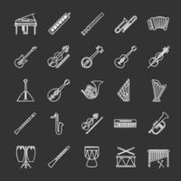 Musical instruments chalk icons set. Orchestra equipment. Stringed, wind, percussion instruments. Isolated vector chalkboard illustrations