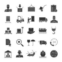 Cargo shipping glyph icons set. Silhouette symbols. Delivery service. Land, air and water transportation. Vector isolated illustration