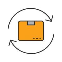 Parcel return service color icon. Repackaging. Cardboard box with circle arrow. Isolated vector illustration