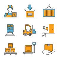 Cargo shipping color icons set. Delivery service. Loader man, parcel packing, intermodal container, train, forklift, courier, warehouse, scales, cargo insurance. Isolated vector illustrations