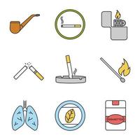 Smoking color icons set. Tobacco pipe, smoking area, flip lighter, broken and stubbed out cigarettes, matchstick, human lungs, tobacco leaf, cigarette pack. Isolated vector illustrations