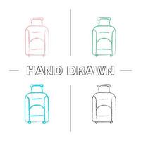 Baggage hand drawn icons set. Luggage. Wheeled travel bag with handle. Color brush stroke. Isolated vector sketchy illustrations