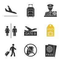 Airport service glyph icons set. Airplane arrival, baggage, pass control officer, WC, airport gate, luggage tag, passenger, phone prohibition, passport. Silhouette symbol. Vector isolated illustration