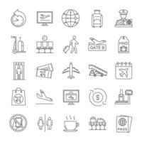 Airport service linear icons set. Passport control, baggage check, tickets, flights management. Thin line contour symbols. Isolated vector outline illustrations