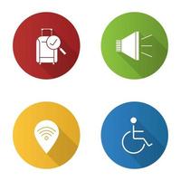 Airport service flat design long shadow glyph icons set. Checked baggage, megaphone, wheelchair person, wifi zone. Vector silhouette illustration