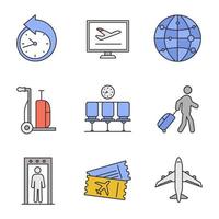 conjunto de iconos de color de servicio de aeropuerto. reprogramación, reserva en línea, ruta, carrito de equipaje, sala de espera, pasajero, detector de metales, boletos, avión. ilustraciones de vectores aislados