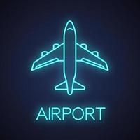 Airplane neon light icon. Airliner. Plane. Airport glowing sign. Vector isolated illustration