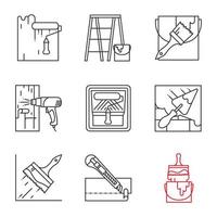 Construction tools linear icons set. Paint roller, scaffolding ladder, bucket with brush, hot air gun, putty knife, glue brush, dyeing. Thin line contour symbols. Isolated vector outline illustrations